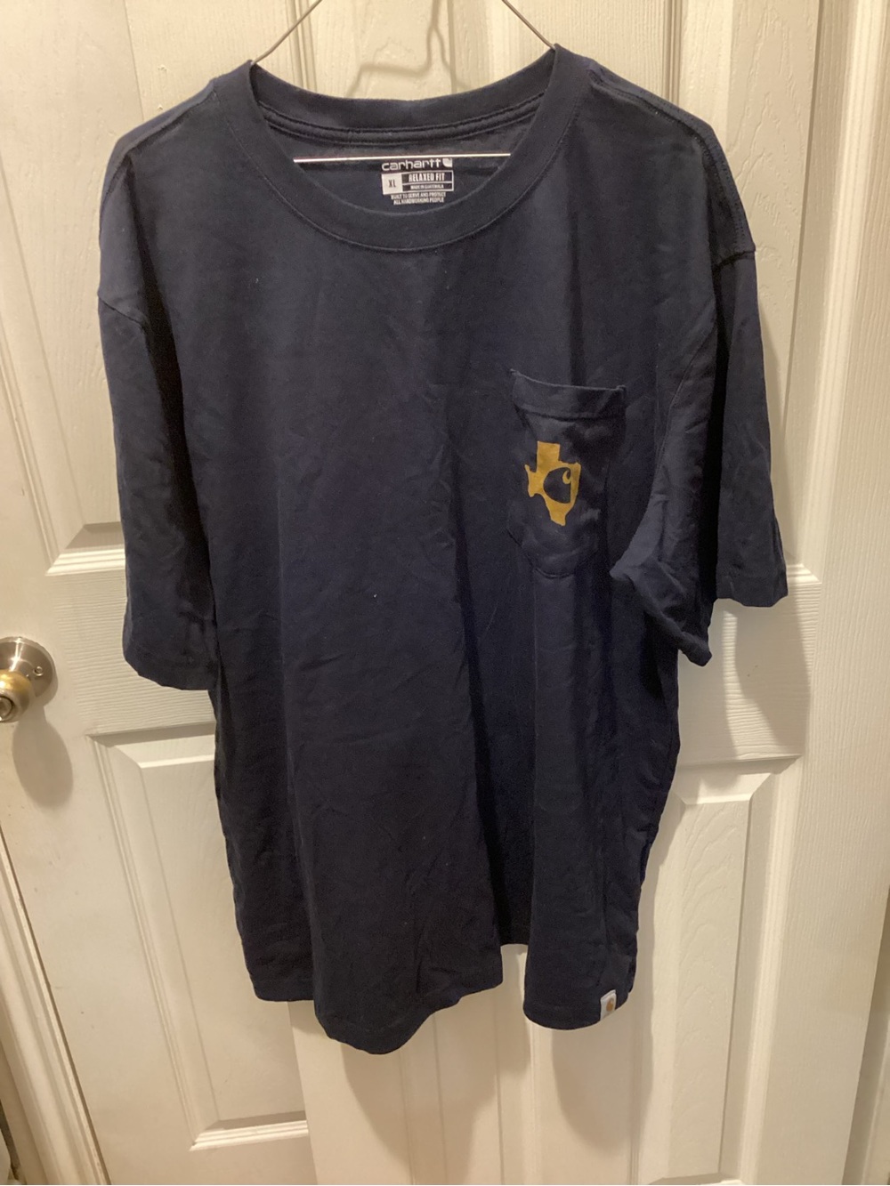 Carhartt Men’s Navy Short-Sleeve Pocket Tee with Yellow Logo